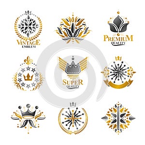 Royal symbols, Flowers, floral and crowns, emblems set. Heraldic