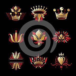 Royal symbols, Flowers, floral and crowns, emblems set. Heraldic