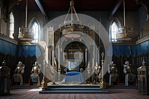 royal throne room in castle, with suit of armor and saber guards on either side of the throne