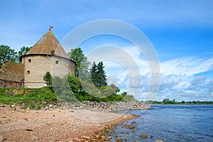 Royal Tower on the banks of the Neva river. Oreshek fortress. Leningrad region, Shlisselburg, Russia