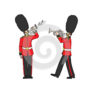 A royal trumpeter and bugler wearing a bearskin hat. Festive military band.