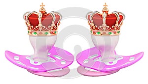 Royal twins concept. Two pink pacifiers with golden crown. 3D rendering