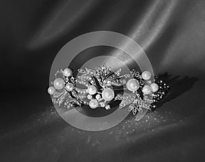 Royal wedding diadem with pearl and diamonds. Black and white photo