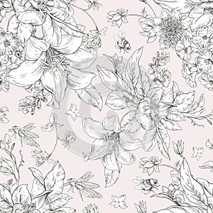 Royal white lilies seamless paper. Vintage regency floral wallpaler
