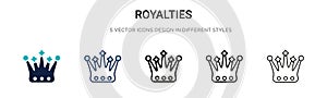 Royalties icon in filled, thin line, outline and stroke style. Vector illustration of two colored and black royalties vector icons