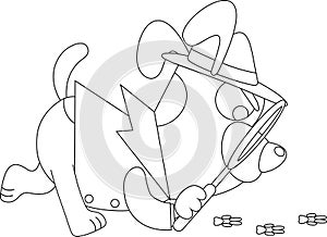Outlined Detective Dog Cartoon Character With Magnifying Glass Following A Clues