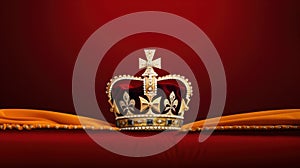 Royalty, monarch coronation or leadership conceptual idea with king gold crown with jewels on red velvet pillow