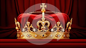 Royalty, monarch coronation or leadership conceptual idea with king gold crown with jewels on red velvet pillow