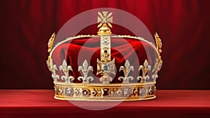 Royalty, monarch coronation or leadership conceptual idea with king gold crown with jewels on red velvet pillow