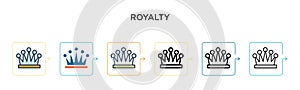 Royalty vector icon in 6 different modern styles. Black, two colored royalty icons designed in filled, outline, line and stroke