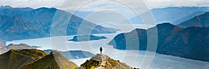 Roys peak mountain hike in Wanaka New Zealand. Popular tourism travel destination. Concept for hiking travel and adventure. New Ze