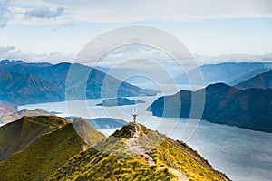 Roys peak mountain hike in Wanaka New Zealand. Popular tourism travel destination. Concept for hiking travel and adventure. New Ze