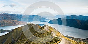 Roys peak mountain hike in Wanaka New Zealand. Popular tourism travel destination. Concept for hiking travel and adventure. New Ze