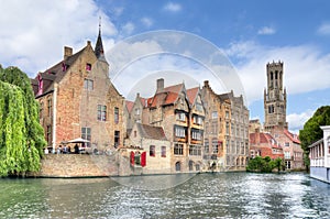 Rozenhoedkaai canal and Belfort tower, Bruges, Belgium