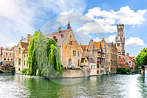 Rozenhoedkaai canal and Belfort tower, Bruges, Belgium