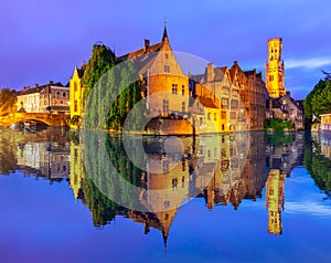 Rozenhoedkaai canal at night, Bruges, Belgium