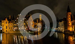 Rozenhoedkaai canal at night, Bruges, Belgium