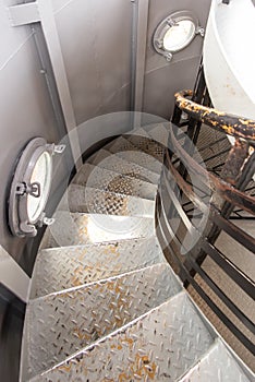 Rozewie, Poland, May 12, 2022: Metal spiral staircase in Rozewie lighthouse on the Baltic Sea
