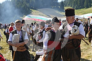 Rhodope bagpipers playing tunes on a Rozhen folklore festival in Bulgaria