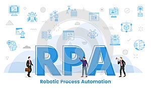 rpa robotic process automation concept with big words and people surrounded by related icon with blue color style