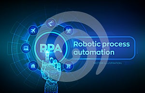 RPA Robotic process automation innovation technology concept on virtual screen. Robotic hand touching digital interface. AI.