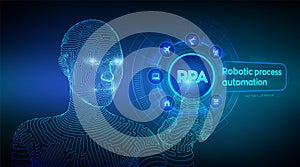 RPA Robotic process automation innovation technology concept on virtual screen. Wireframed cyborg hand touching digital graph