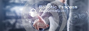 RPA Robotic Process Automation. Technology concept on virtual screen. Ai algorithm analyze Business.
