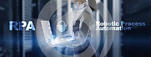 RPA Robotic Process Automation. Technology concept on virtual screen. Ai algorithm analyze Business.