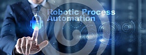 RPA Robotic Process Automation. Technology concept on virtual screen. Ai algorithm analyze Business.