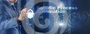 RPA Robotic Process Automation. Technology concept on virtual screen. Ai algorithm analyze Business.