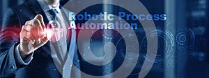 RPA Robotic Process Automation. Technology concept on virtual screen. Ai algorithm analyze Business.