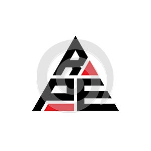 RPE triangle letter logo design with triangle shape. RPE triangle logo design monogram. RPE triangle vector logo template with red