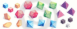 Rpg game dice. Cartoon polyhedral d4 d6 d8 d10 d12 d20 dice for board role playing game, fantasy gaming elements for app photo