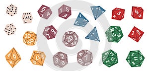 Rpg game dices. Multifaceted color figures, board game plastic requisite, playing elements with numbers, various roles, polyhedron photo