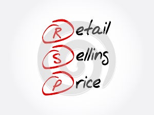 RSP - Retail Selling Price acronym, business concept background