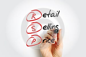 RSP Retail Selling Price - the final price that a good is sold to customers for, acronym text with marker