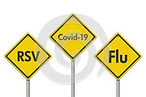 RSV, covid-19 and flu yellow warning road sign