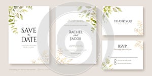 Set of greenery wedding Invitation card, save the date, thank you, rsvp template. Hydrangea, pink flower and greenery. watercolour