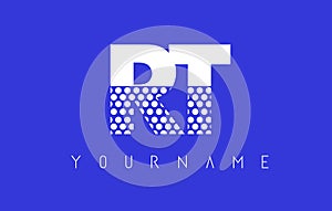 RT R T Dotted Letter Logo Design with Blue Background.