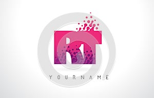 RT R T Letter Logo with Pink Purple Color and Particles Dots Design.