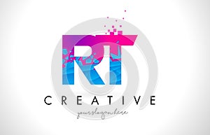 RT R T Letter Logo with Shattered Broken Blue Pink Texture Design Vector.