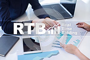 RTB - Real-time bidding on virtual screen, business concept.