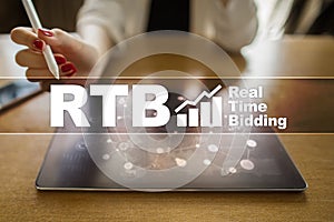 RTB - Real-time bidding on virtual screen, business concept.