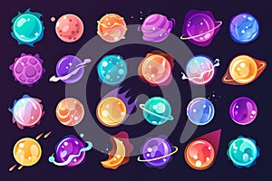 Vector set of cartoon planets. Colorful set of isolated objects. Space background. Templates for stickers, game elements