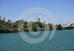 RTVA La Cartuja Tower view from Guadalquivir river of Seville City. Spain.