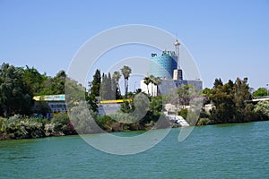 RTVA La Cartuja Tower view from Guadalquivir river of Seville City. Spain.