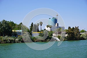 RTVA La Cartuja Tower view from Guadalquivir river of Seville City. Spain.