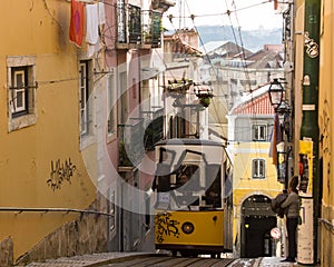 Rua da Bica (Bica Street) and its famous funicular, Lisbon, Portugal