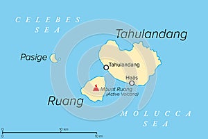 Ruang, an active Indonesian volcanic island, political map