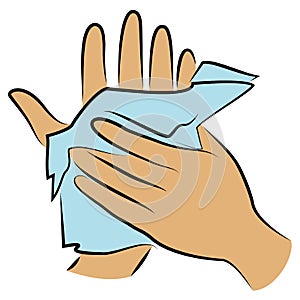 Rub your hands with a clean towel. Hygienic procedure. Disease prevention, good for health. Vector illustration.